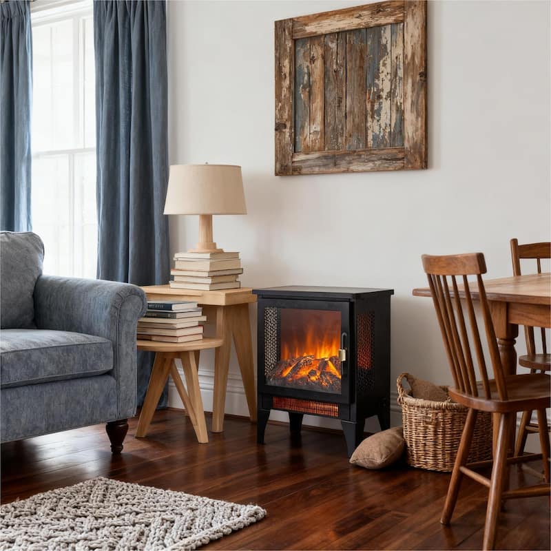 17 inch Freestanding Electric Fireplace Stove heater with 3D Flame Effect - N/A - Antique Black