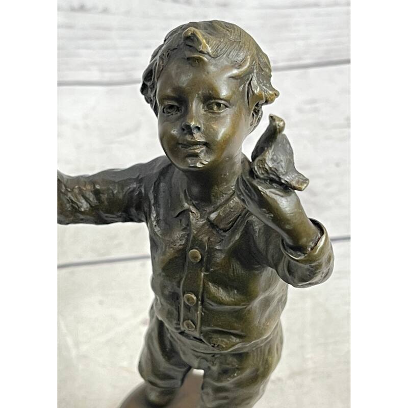 Bronze Sculpture Of A Child Little Boy Holding A Bird - Signed Original Milo Art