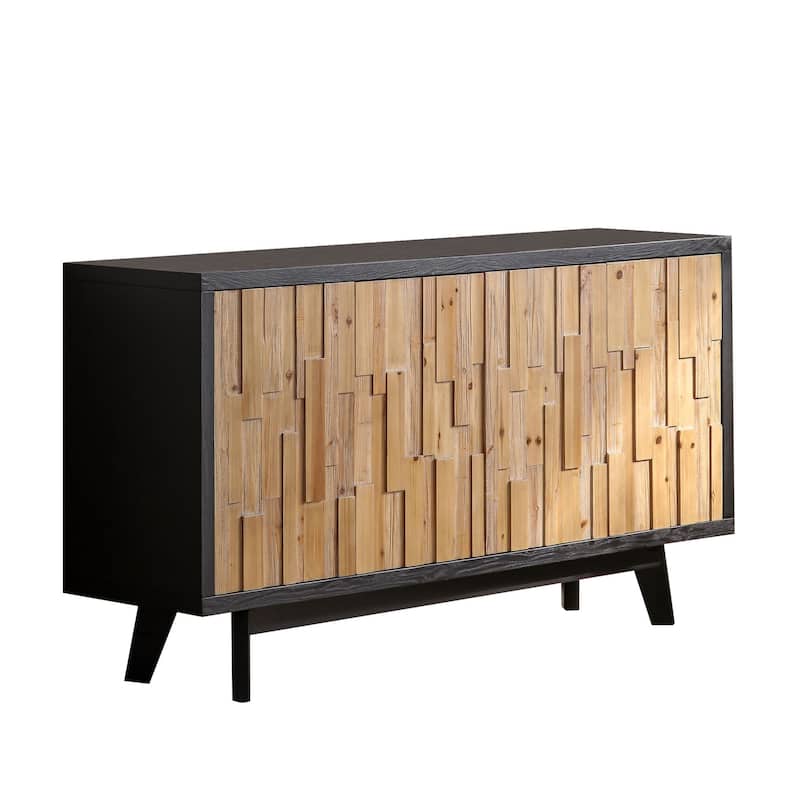Wooden 4-Door Cabinet with Textured Geometric, Sideboard Storage Cabinet Accent Cabinet with Internal Shelving