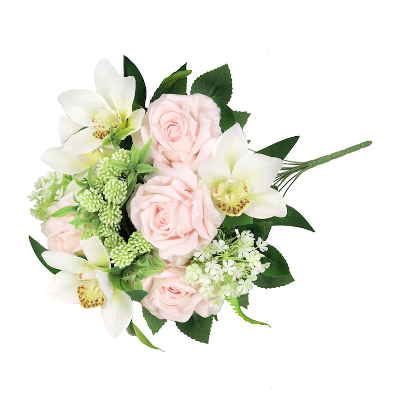 Set of 2 Cream Blush Artificial Mixed Rose Cymbidium Orchid Snowball Flower Stem Bush Bouquet 19in - 19" L x 12" W x 12" DP