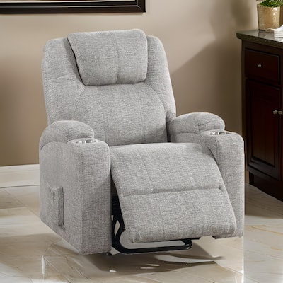 Evans 37 Inch Recliner Chair, Power Lift, Cupholders, Chenille, Light Gray