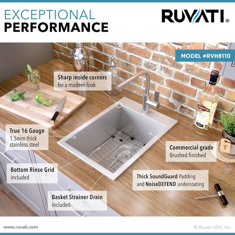 Ruvati 15 x 20 inch Drop-in Topmount Bar Prep Sink 16 Gauge Stainless Steel Single Bowl - RVH8110 - 13″ x 16″