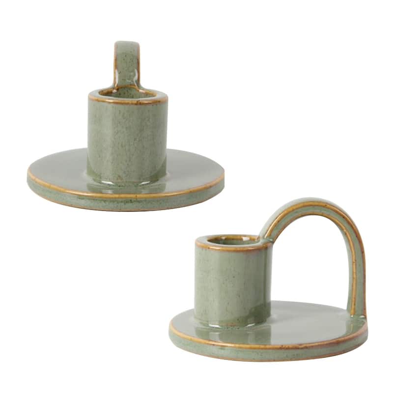Avocado Green Set of Two Elise Short Ceramic Candlesticks by Aria Home