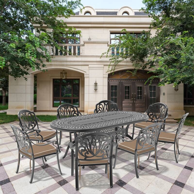 7/9-Piece Cast Aluminum Outdoor Dining Set with 82.87'' L X 42.13'' W Oval Table and Random Color Seat Cushions - Black( 9-Piece Sets A)