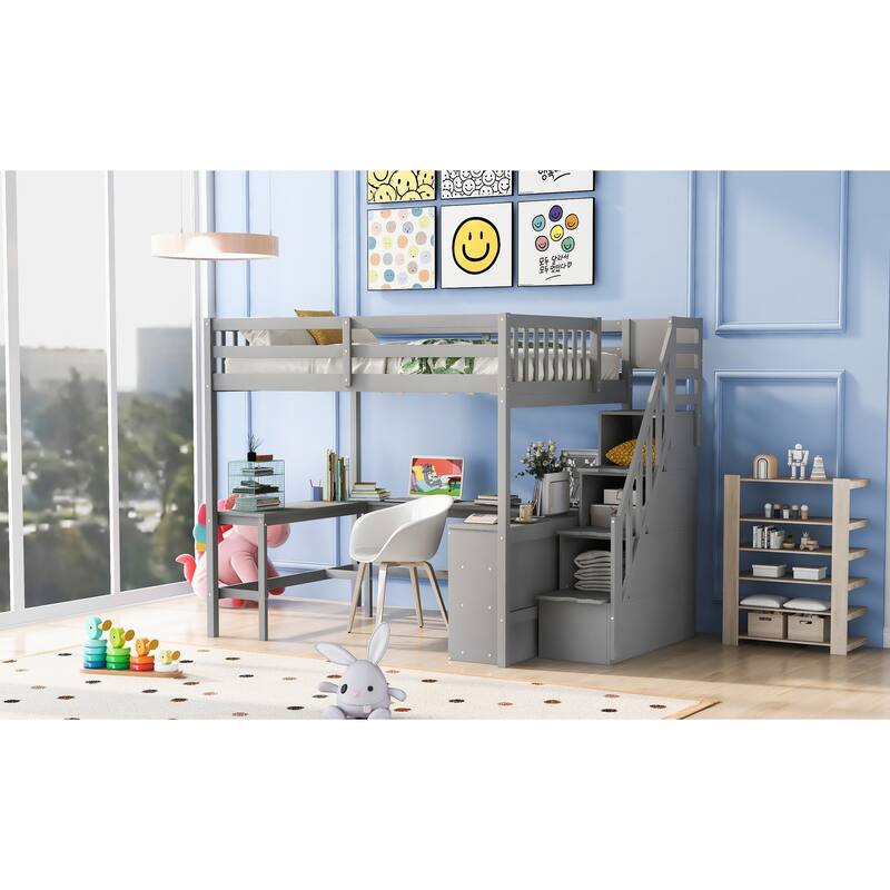 Full Size Loft Bed with L-Shaped Desk, Storage Shelves, and Staircase, Gray