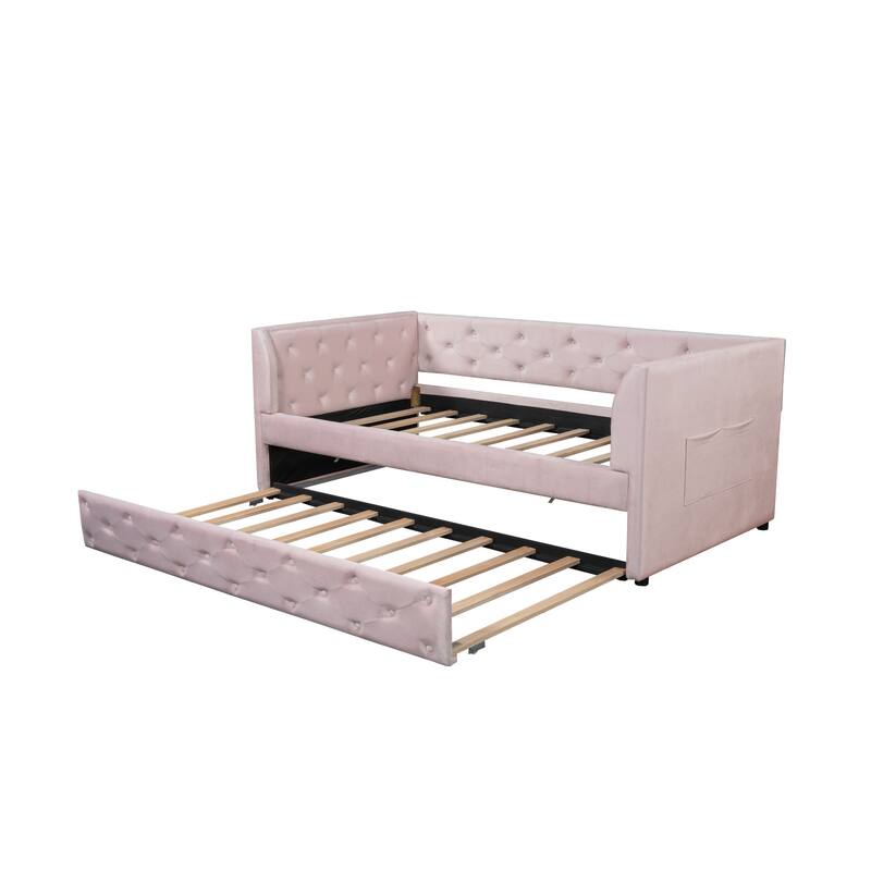 Twin Velvet Tufted Daybed with Trundle & Storage - 400LB Capacity