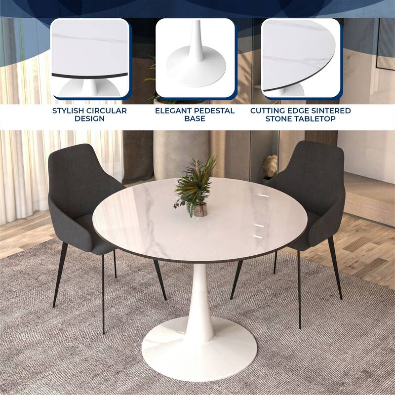 LeisureMod Bristol 40" Round Dining Table for 4 with Sintered Stone Tabletop in White Base for Kitchen & Dining Room