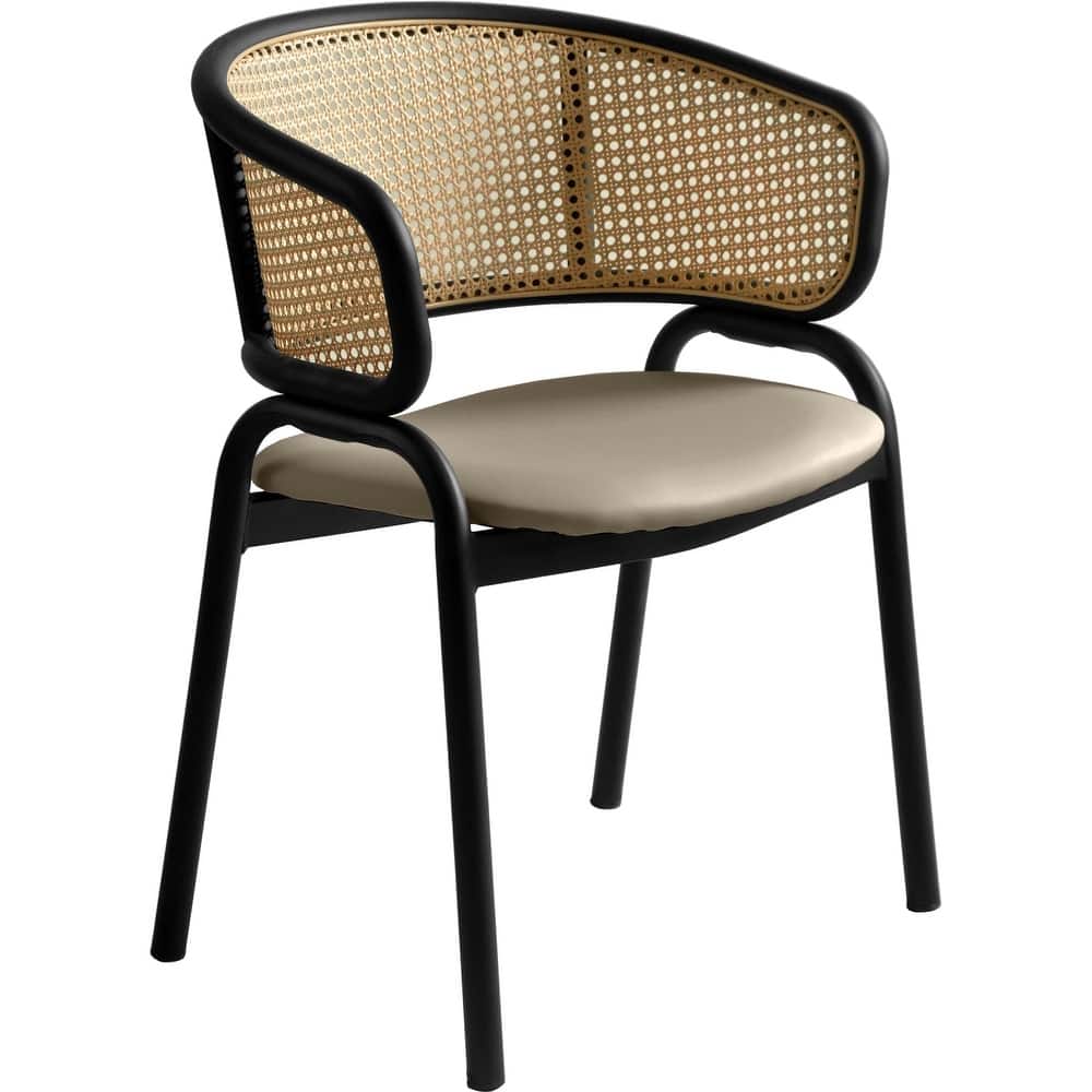 LeisureMod Modern Leather Dining Chair with Wicker Back & Black Steel Frame - Accent Side Armchair for Home Furniture