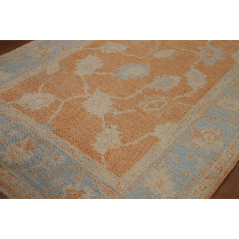 Orange Vegetable Dye Floral Oushak Turkish Rug Handmade Wool Carpet - 5'8"x 9'0"