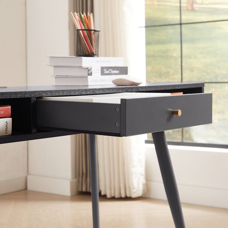 Mid-Century Modern Office Desk with Built-In Charging Station & Storage Drawers