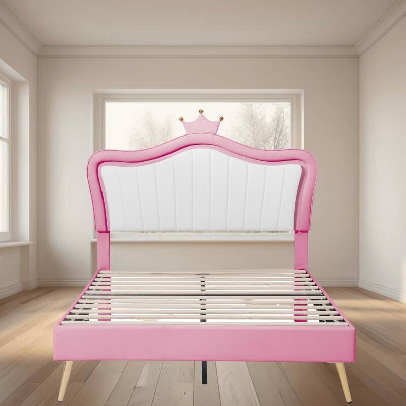 Princess Full Size Upholstered Platform Bed with Crown Headboard and LED Lights, Adjustable Design for a Romantic Bedroom Vibe - Pink - Full