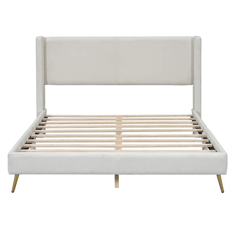 Queen Size Corduroy Platform Bed with Metal Legs and Wood Frame