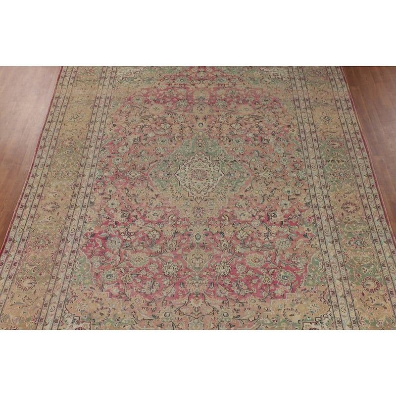 Distressed Mashad Vintage Persian Large Rug Handmade Wool Carpet - 9'7" x 13'8"
