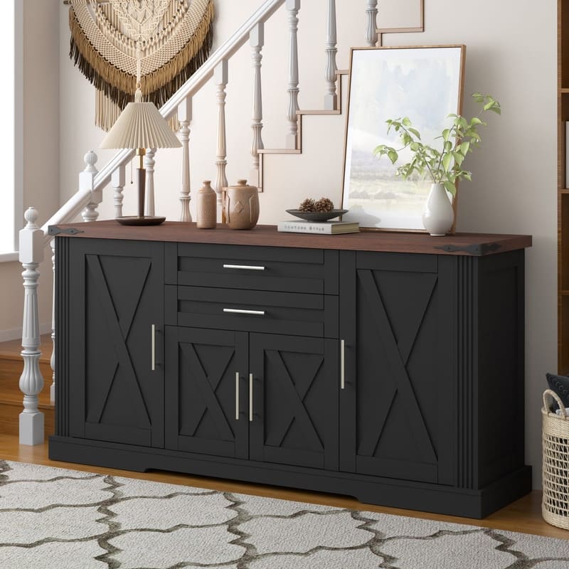 63" Farmhouse Buffet Cabinet with Storage Barn Door and Drawers for Kitchen or Dining Room Use