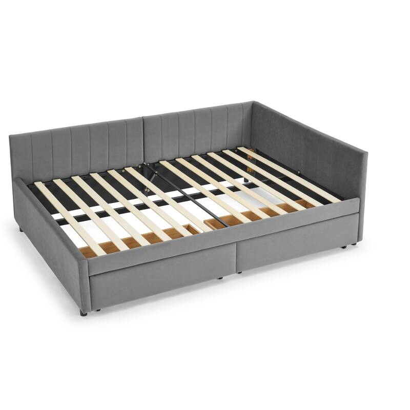 Full Size Upholstered Tufted Daybed with Storage Drawers, Velvet Grey, Comfortable Backrest and Armrests