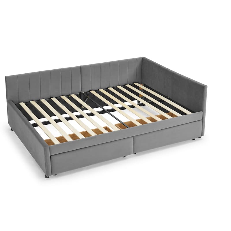 Full Size Velvet Upholstered Daybed with Storage Drawers, Tufted Sofa Bed Frame with Armrests and Backrest