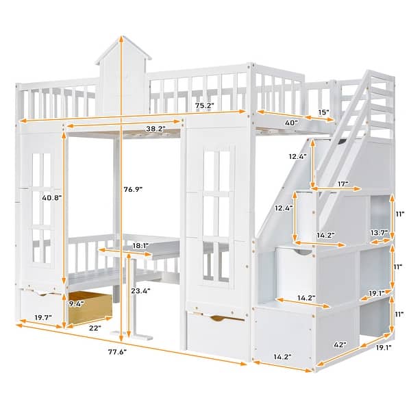 White Twin-over-Twin Bunk Bed with Changeable Table, Turn into Upper Bed and Down Desk with 2 Drawers