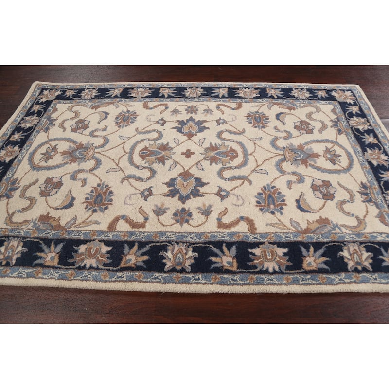 Beige Traditional Floral Oriental Wool Area Rug Hand-tufted Carpet - 5'0" x 8'0"