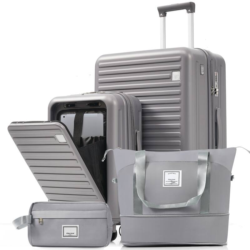 4-Piece Luggage Set with USB Charging Ports - 20in Carry-On (Front-Opening for Laptop) 28in Checked Suitcase with TSA Lock
