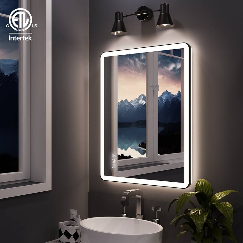 Rectangular Angle Rounded Framed Super Bright LED Wall Mounted Bathroom Vanity Mirror in Matte Black - 36" * 28" - Black