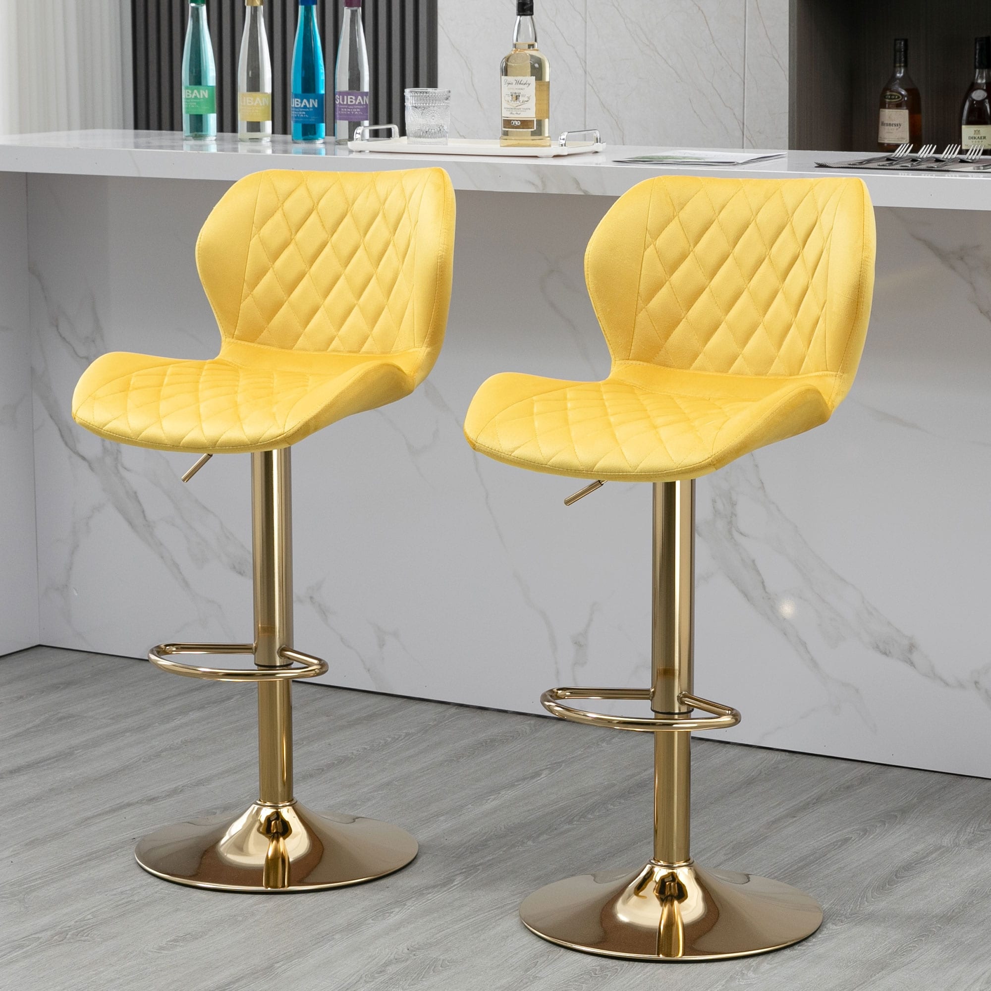 Velvet Swivel Barstool, Adjustable Counter Barstools, Yellow