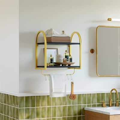 Tier Wooden Shelf with Towel Rack and 4 Hooks - 9.5"D x 16"W x 17.4"H