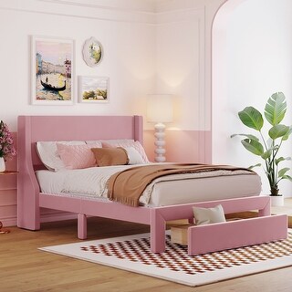Full Size Velvet Upholstered Platform Bed with 1 Large Storage Drawer ...