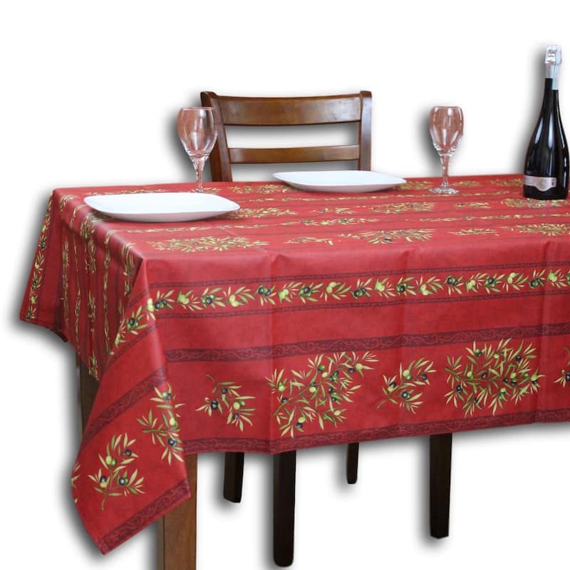 Wipeable Spill Resistant Provencal Cotton Cannes Collection Tablecloth - 60 x 98 in - Red Olive Stripes