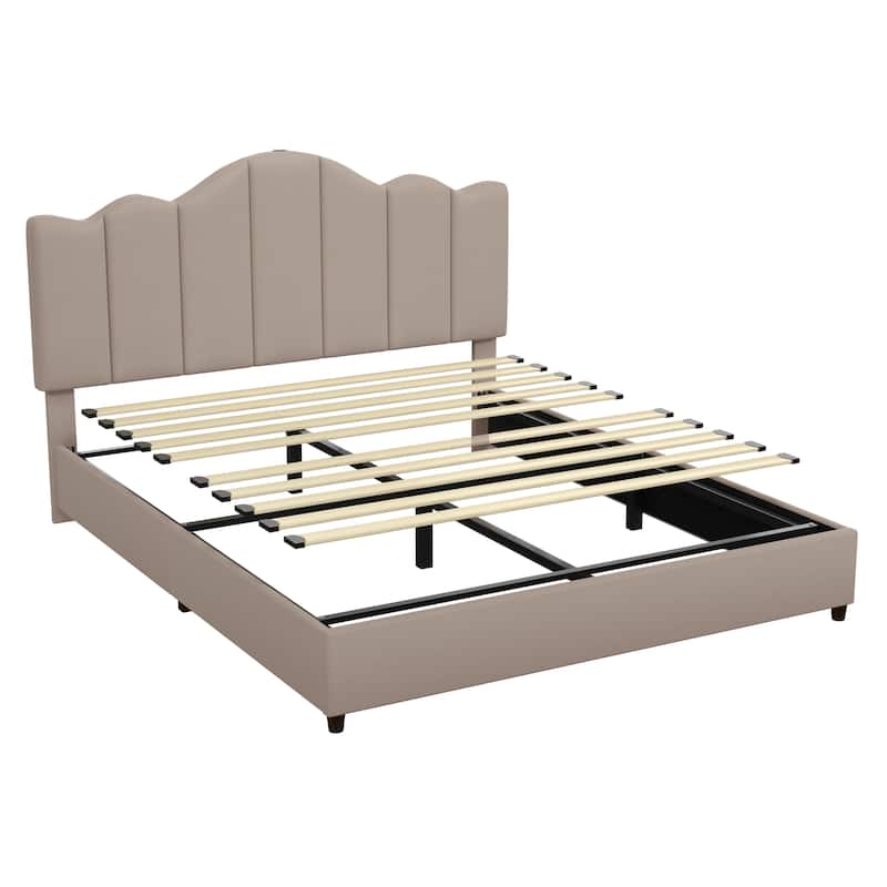 VECELO Platform Bed Frame with Type-C & USB Charging Stations Upholstered Adjustable Headboard Strong Wooden Slats Support