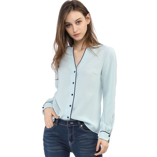 Women's Button Down Contrast Trim V Neck Elegant Blouse Top