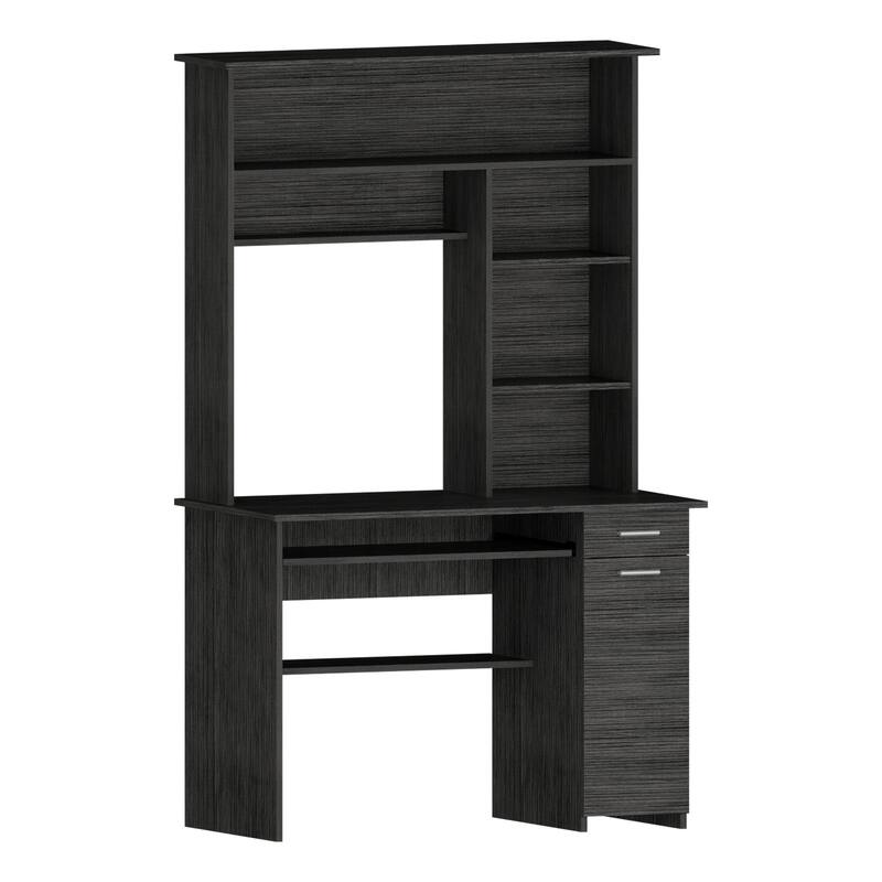Compu 180 Hutch Desk with 5 Shelves, Retractable Keyboard Tray, CPU Panel, and Drawer - Dark Grey