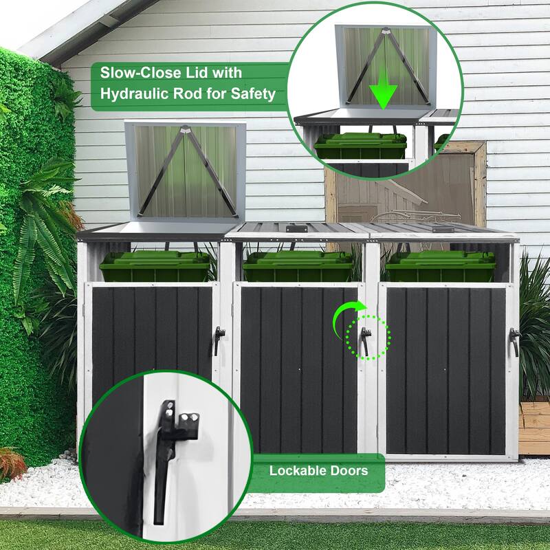 77 Cu.Ft Outdoor 3 Trash Cans Storage，Lockable Garbage Bin Storage, Galvanized Steel Storage Waterproof in Grey