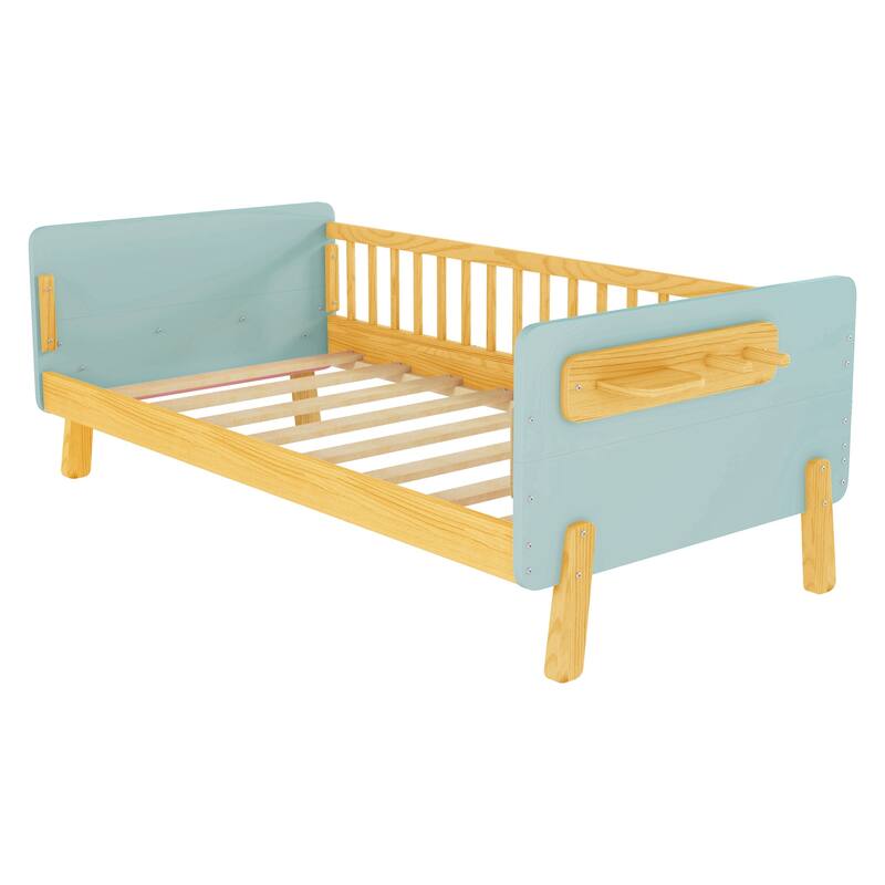 Kids Wood Platform Bed with Guardrails, Bottle Holder and 2 Hanging Rod, Convertible Toddler Daybed, Low Profile Design Frame