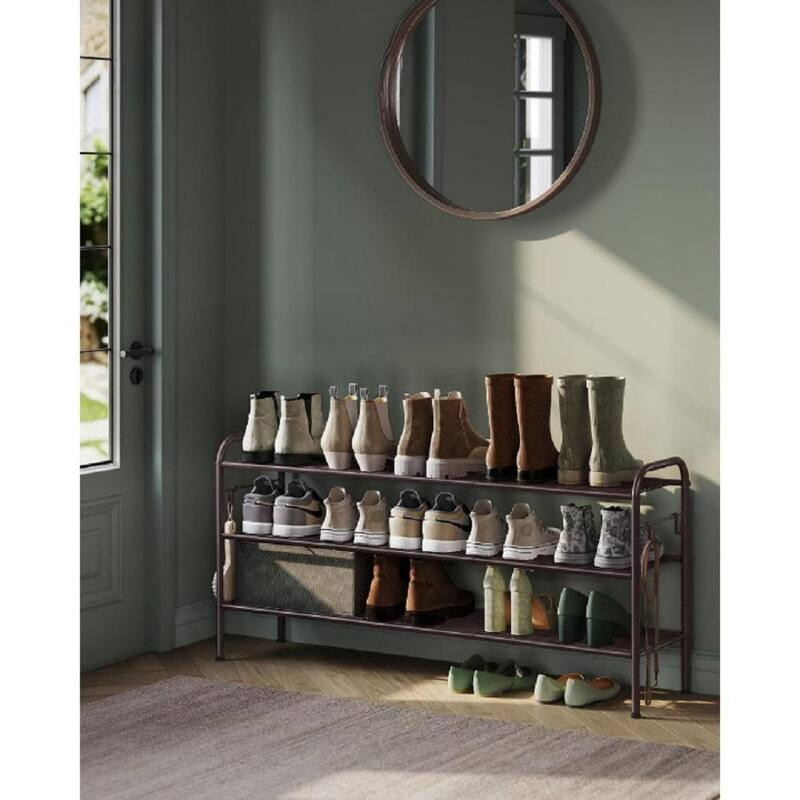 Moder Metal Shoe Rack Organizer with Shelf Storage with Side Hooks for Multiples Shoes Pairs