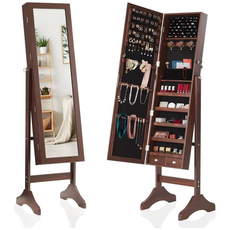 Jewelry Armoire Organizer with Full Length Mirror, Floor Standing Jewelry Cabinet, Lockable Jewelry Storage Box Cabinet - Brown