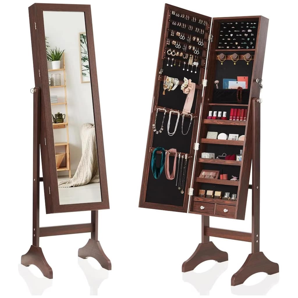 Jewelry Armoire Organizer with Full Length Mirror, Floor Standing Jewelry Cabinet, Lockable Jewelry Storage Box Cabinet