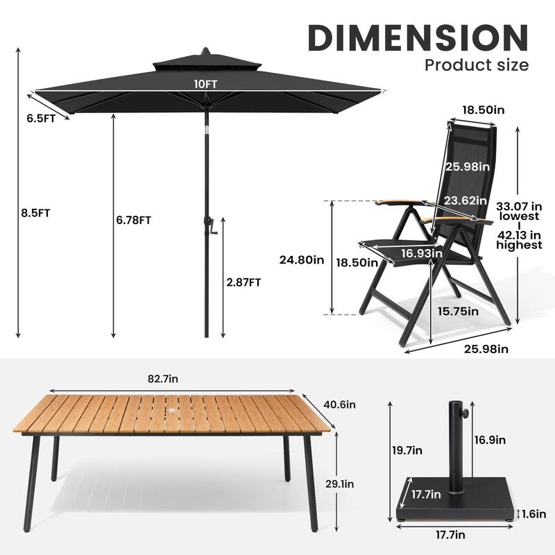 9/11-Piece Outdoor Aluminum Patio Dining Set w/10 ft Umbrella and Base, Rectangle Table and Folding Chairs