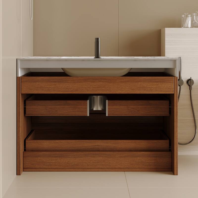 29.9" Modern Floating Bathroom Vanity - Faux Marble Top with Ceramic Undermount Sink, Wall-Mounted for Small Bathrooms