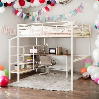 Full Size Metal Loft Bed with Desk and Lateral Storage Ladder for Home