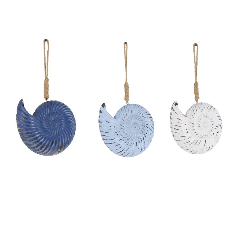 Wooden Shell Distressed Home Wall Decor with Jute Hanging Rope - Set of 3 Blue - Roche River Decor