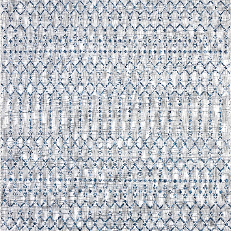JONATHAN Y Trebol Moroccan Geometric Textured Weave Indoor/Outdoor Area Rug - 8' Square - Light Gray/Navy