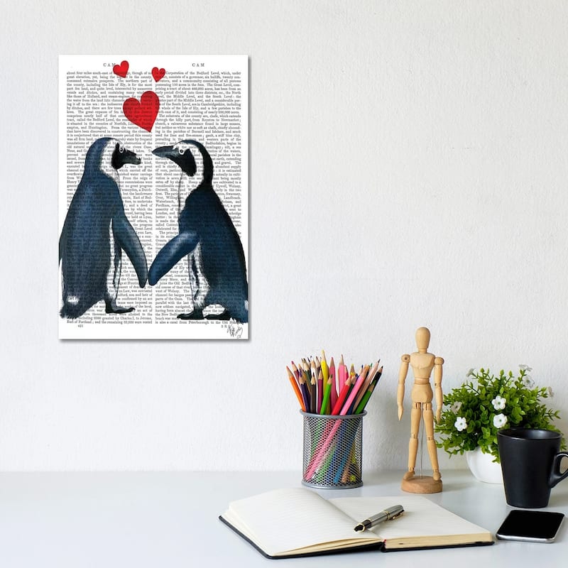iCanvas "Penguins With Love Hearts" by Fab Funky Canvas Print - 12x8x0.75