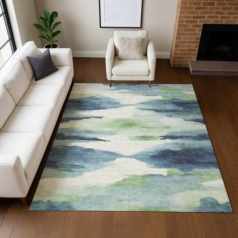 Machine Washable Indoor/ Outdoor Abstract Watercolor Chantille Rug