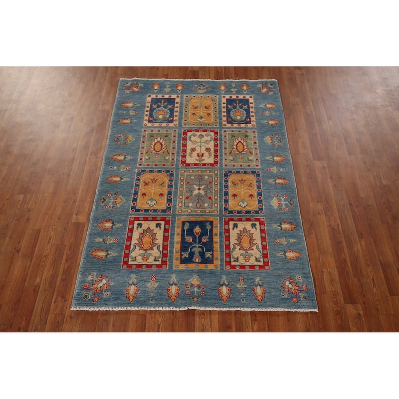 Garden Design Blue Kazak Oriental Area Rug Hand-Knotted Wool Carpet - 4'3" x 6'2"