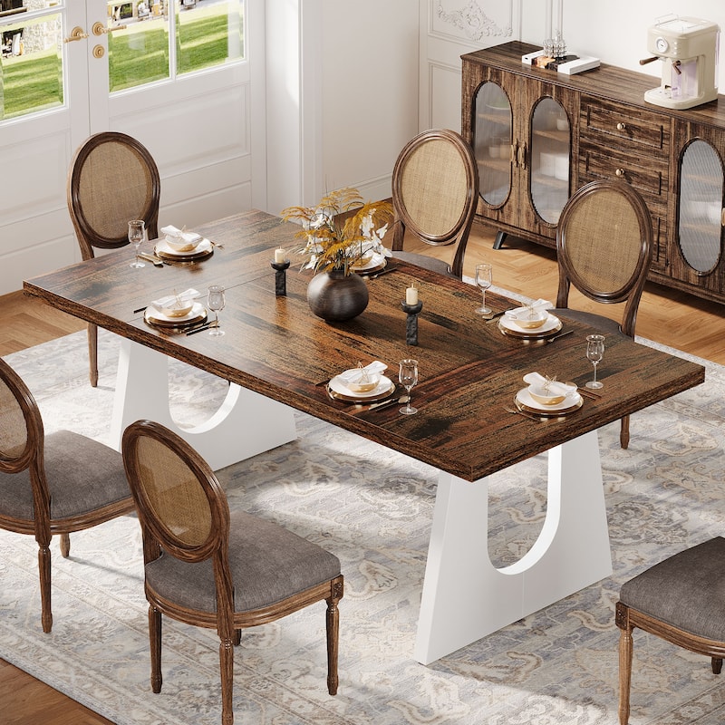 Large Dining Table Wood Oak Rectangular Farmhouse Center Kitchen - Brown & White