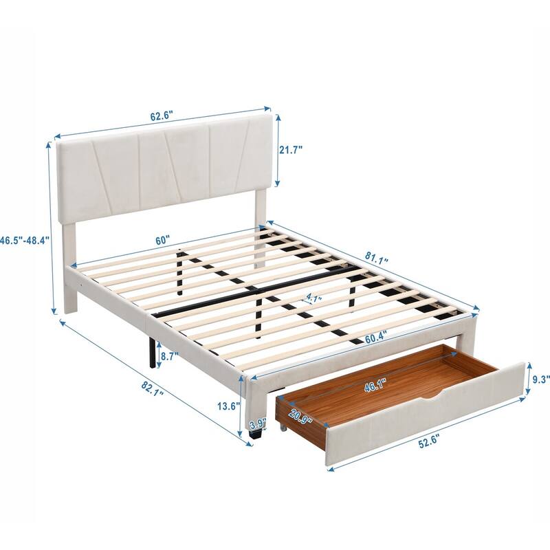 Merax Upholstery Platform Bed with One Drawer, Adjustable Headboard