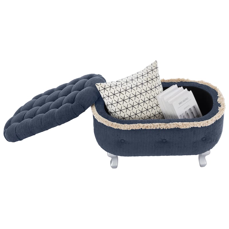 Roomfitters Upholstered Storage Bench with Button Tufted Top, End of Bed Bench with Fringe and Curved Legs