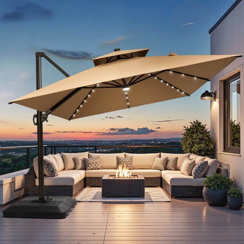 10 X 13 FT Outdoor Patio Cantilever Umbrella with Solar Lights 4-Piece Premium Base Double Canopy 360 Rotation Tilt - Tan