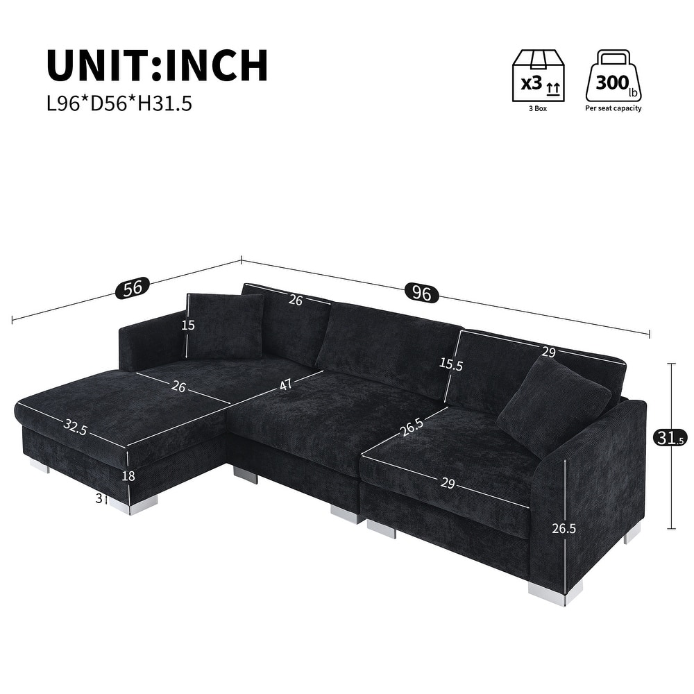 L-Shaped Sectional Sofa with Chaise Lounge, Oversized Chenille Upholstered Sofa, 4 Seater Sofa with 2 Throw Pillows