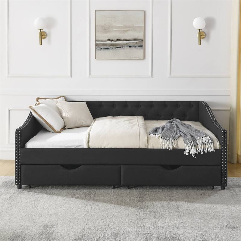Full Size Upholstered Tufted Daybed with Drawers and Copper Nail